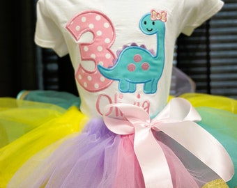 Dino Birthday Outfit Dinosaur Birthday Tutu Set Girly T-Rex Birthday Ensemble Balloon Dino Shirt Tutu Combo Pastel Trim Tutu Dinosaur