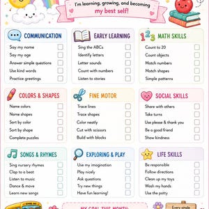 May include: A preschool learning adventure checklist featuring colorful illustrations of a sun, rainbow, bee, apple, and school bus. The chart includes sections for communication, early learning, math, colors, fine motor, social, and life skills.