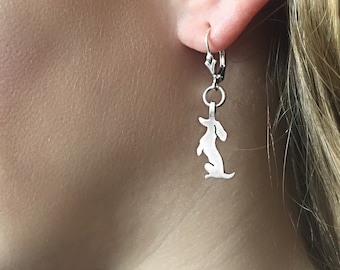 Dachshund Earrings, Sterling Silver Dog Dangle Drops, Sausage Dog Lover Gift (Situp)