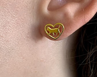 Cat Heart Earrings, Gold Plated Studs, Pet Jewelry (Heart)