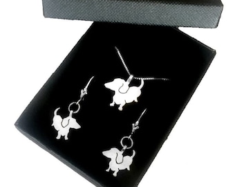 Dachshund Earrings Necklace Set - Silver Doxie Pendant, Sausage Dog Lover Jewelry Gift |UP