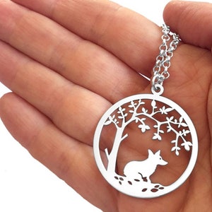 Corgi Memorial Necklace - Silver 14K Gold Plated Dog Remembrance Gift |Small TREE OF LIFE