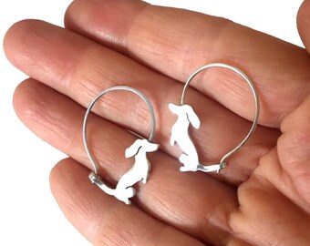Dachshund Earrings, Sterling Silver Silhouette Hoops, Dog Lover Gift (Situp)