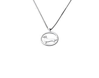 Dachshund Necklace, Sterling Silver Oval Silhouette Pendant, Dog Lover Gift (Oval)