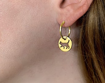 Cat Earrings - 14K Gold Plated Silver Charm Hoop Earrings, Kitten Lover Jewelry Gift |Walk