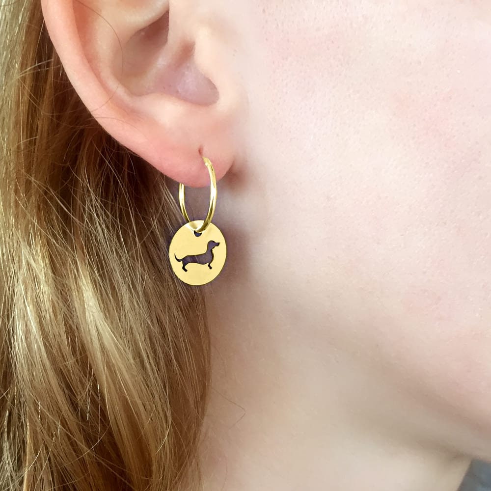 Dachshund Earrings - 14K Gold Plated Silver Dachshund Jewelry, Doxie Charm Hoop Earrings, Dachshund Gift for Dachshund Lover |LINE CIRCLE
