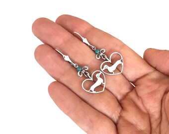 Dachshund Earrings - Turquoise Amethyst Silver Doxie Dangle Earrings, Sausage Dog Lover Jewelry Gift |HEART