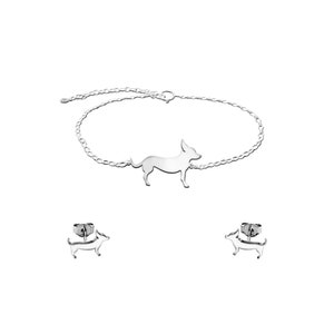 Chihuahua Earrings Bracelet Set - Silver 14K Gold Plated Stud Earrings, Dog Lover Gift |LINE