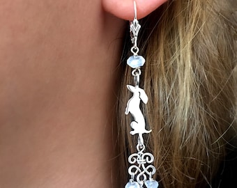 Dachshund Earrings, Sterling Silver Moonstone Dangle Drops, Dog Lover Gift (Situp)