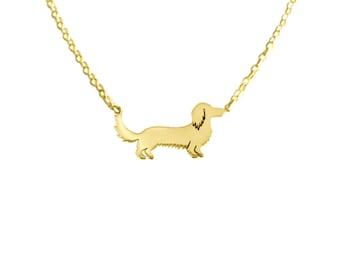 Long Haired Dachshund Necklace, Gold Plated Dog Pendant Gift (Long)