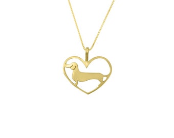 Collier teckel - Pendentif Doxie en argent plaqué or 14 carats, cadeau bijoux pour amoureux des chiens saucisse | COEUR