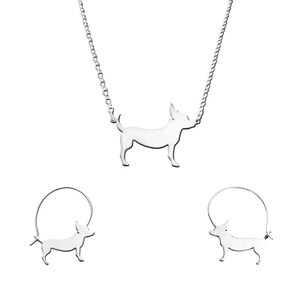Chihuahua Necklace Earrings Set - Silver 14K Gold Plated Hoop Pendant, Dog Lover Gift |LINE