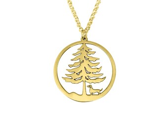 Dachshund Necklace, Gold Plated Silver Pine Tree Pendant, Dog Gift (Christmas Tree)
