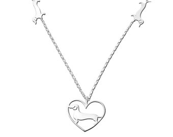 Collar de perro salchicha - Colgante de plata de doxie, regalo de joyería para amantes de los perros salchichas / CORAZÓN +2