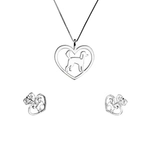 Set poedelketting en oorknopjes - zilver / 14K vergulde poedelsieraden, hondensieraden, poedelcadeau voor poedelliefhebbers | HART