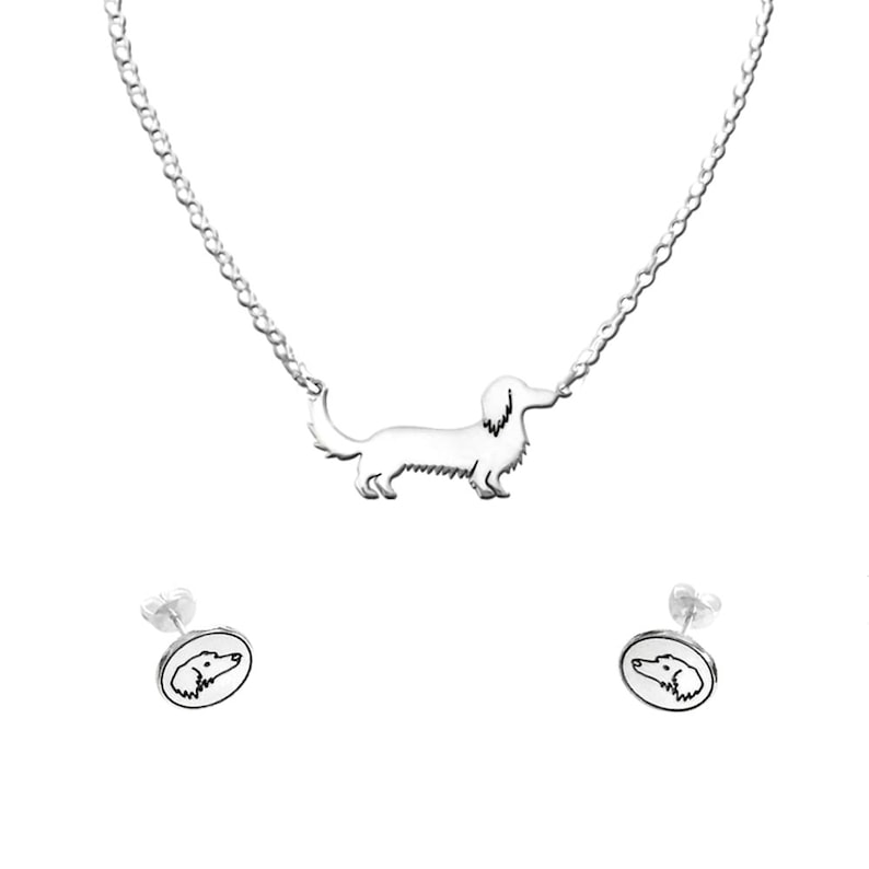 LONG HAIRED Silver Dachshund Jewelry Set Dachshund Long Haired Earrings /& Pendant Necklace Set Dachshund Gift for Dachshund Lovers