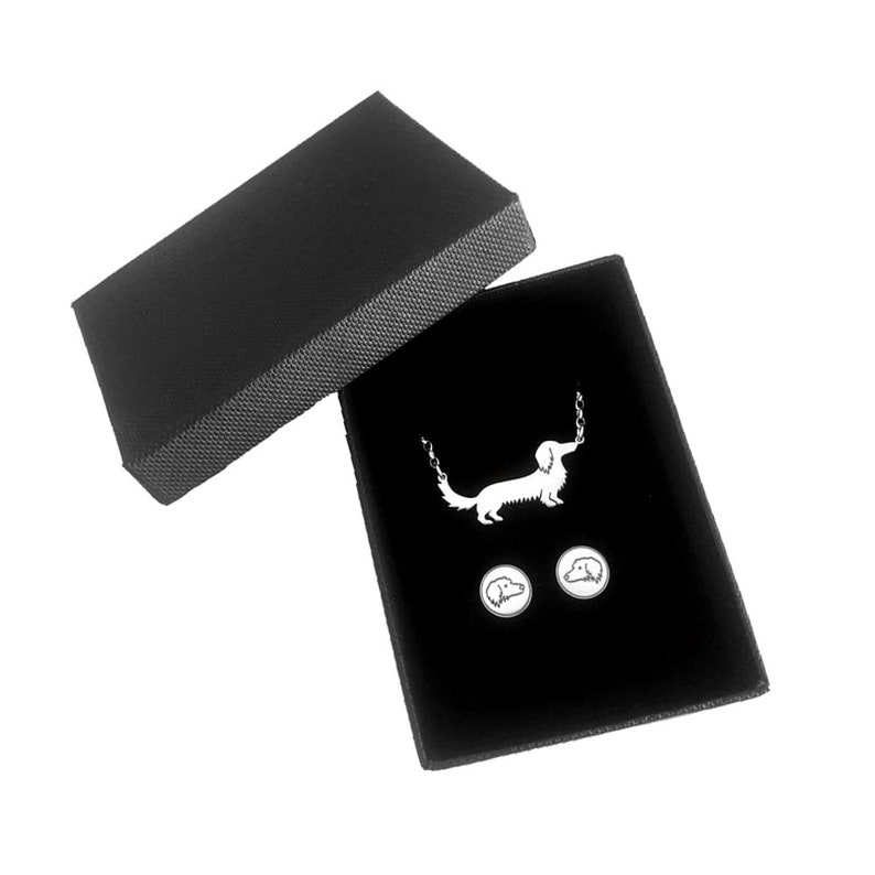 LONG HAIRED Silver Dachshund Jewelry Set Dachshund Long Haired Earrings /& Pendant Necklace Set Dachshund Gift for Dachshund Lovers