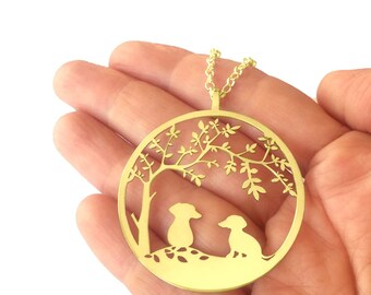 Dachshund Memorial Necklace, Gold Plated Dog Loss Gift, Tree of Life (2 Dogs)