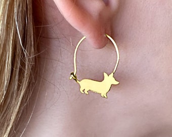 コーギーフープピアス、金メッキ、繊細な犬種ジュエリー（ライン