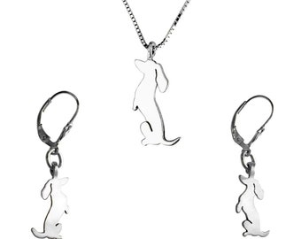 Dachshund Jewelry Set, Sterling Silver Necklace and Leverback Earrings (Situp)