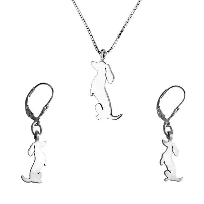 Doxie Charm Silver Dachshund Jewelry Set Dachshund Gift for Dachshund Lovers |SIT-UP Dachshund Earrings /& Pendant Necklace Set