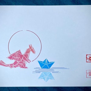 Origami dragon with paper boat Enso Lake lino print red blue