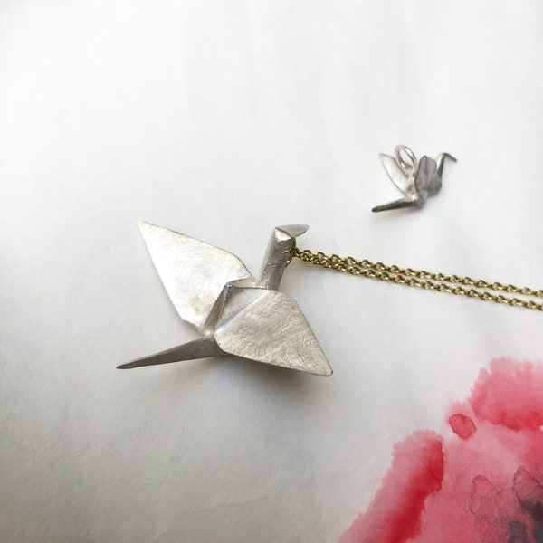 Origami crane large made of silver, pendant talisman amulet world peace