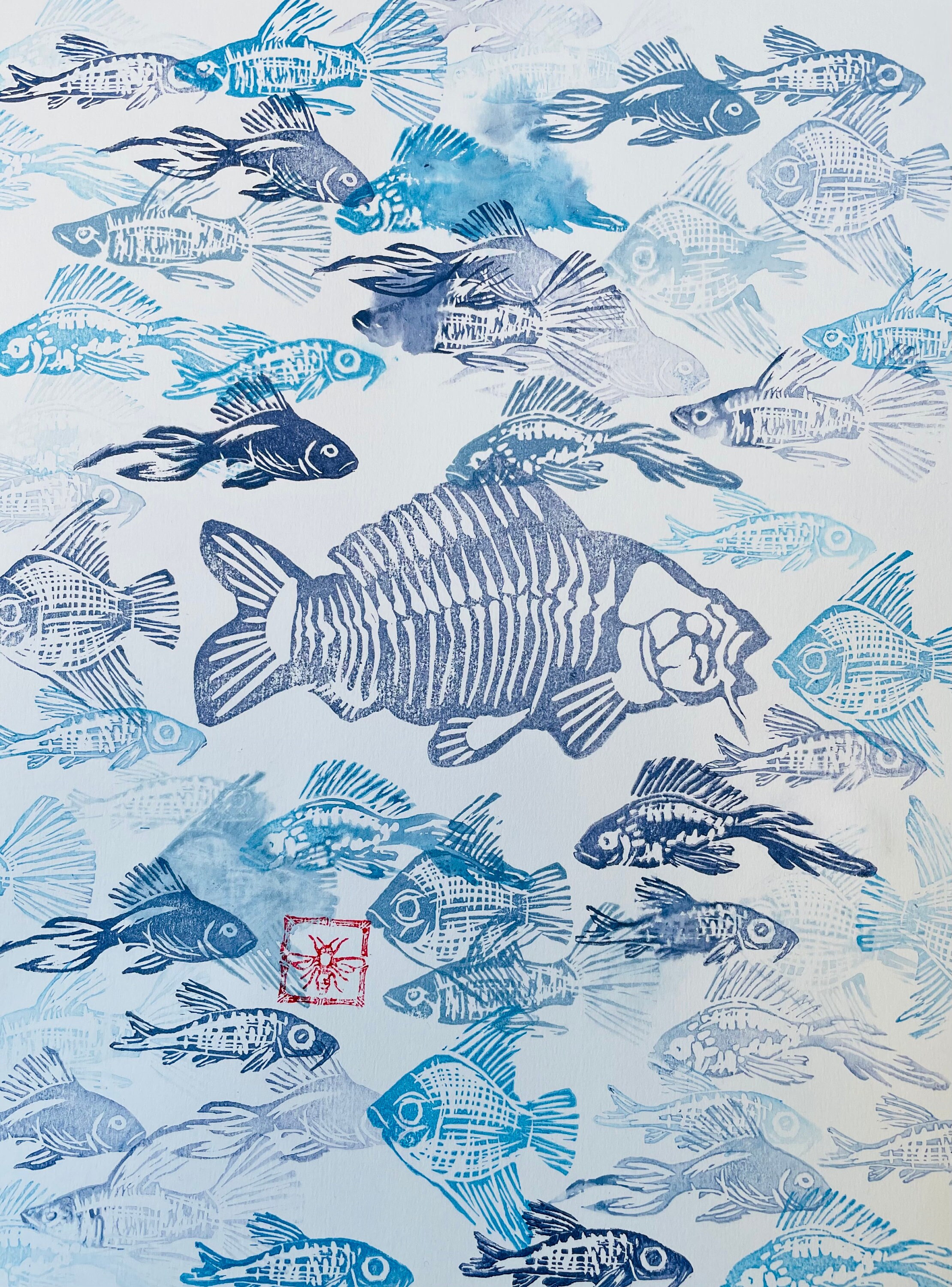 Lino Print Fish Swarm of Koi Carp - Etsy