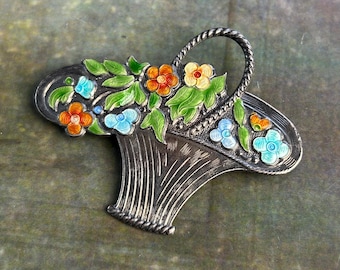 Spilla smaltata antica con bouquet di fiori in cesto, per festa in giardino o matrimonio, stile edoardiano