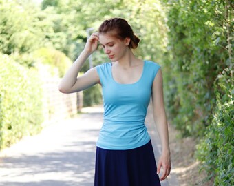 Jersey-Top Sommer-Top blau mit Raffung in der Taille