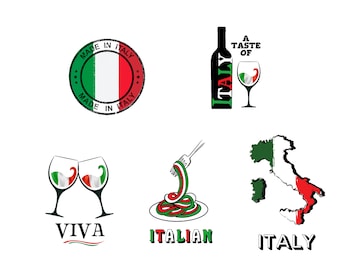 May include: A collection of Italian-themed graphics, including a stamp with the Italian flag and the words "Made in Italy", a wine bottle with the word "Italy" and a glass of wine with the Italian flag, two wine glasses with the Italian flag, a plate of pasta with a fork, a map of Italy with the Italian flag, and the words "Viva", "Italian", and "Italy".