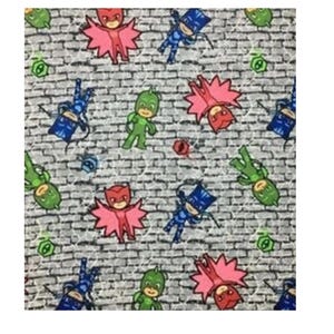 May include: A patterned fabric featuring cartoon characters in red, blue, and green, set against a gray brick wall background. The characters are in various poses, with some upside down. The fabric also has green and red geometric shapes.