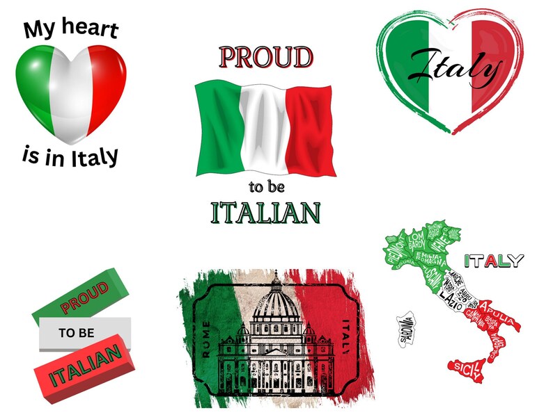 Peut inclure: Une collection d'images c&eacute;l&eacute;brant la fiert&eacute; italienne. Les images comprennent un c&oelig;ur aux couleurs du drapeau italien, un drapeau italien, un c&oelig;ur aux couleurs du drapeau italien avec le mot "Italie" &eacute;crit dessus, un timbre aux couleurs du drapeau italien et le Colis&eacute;e, et une carte de l'Italie avec les noms des r&eacute;gions.