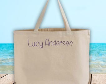 Personalized Large Canvas Tote Bag, Embroidered Chain Stitch