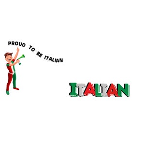 Peut inclure: Une illustration de dessin anim&eacute; d'une personne tenant un m&eacute;gaphone vert et criant "Fier d'&ecirc;tre italien". Le mot "italien" est &eacute;crit en grandes lettres avec les couleurs du drapeau italien.
