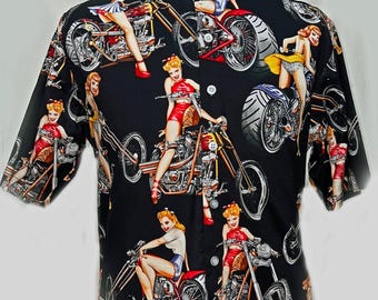 Old School Flash Tattoo Pin - Up Girls on Choppers & Bobber Motorcycles - Full Print Dress Shirt