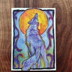 ACEO "Future Moon" Limited Edition Print - Original Wolf Art Card Illustration - Ink Mixed Media Howling Painting - Wolves Full Moon Tarot