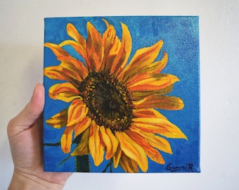 Pintura de estudio de girasol - Arte acrílico original - Decoración floral vibrante - Pequeña obra de arte floral - Planta botánica pintada a mano para colgar en la pared