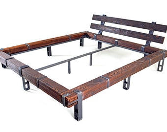 CHYRKA® lit sur poutre en bois massif lit double en bois massif LEMBERG Loft vintage design industriel fait main bois métal