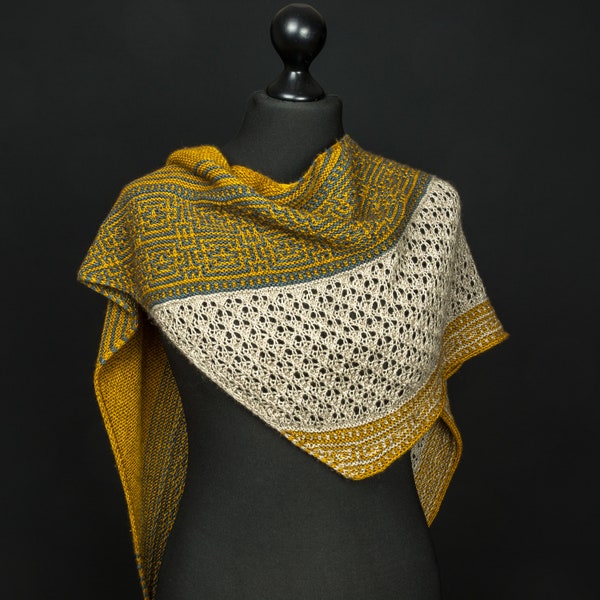 Knitting pattern shawl with mosaic pattern and lace Callisto