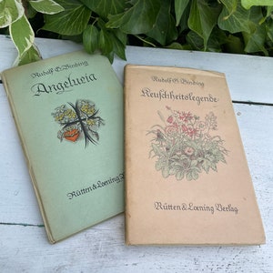 Può includere: Due libri antichi con copertine verdi e marroni. Il libro a sinistra ha il titolo "Angelusia" e il libro a destra ha il titolo "Reuschheitslegende". Entrambi i libri hanno il nome "Rudolf Binding" e "Rütten & Loening" stampato sulla copertina.