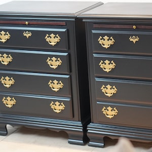 Oversized Vintage Black Wood Nightstands - Gold Hardware