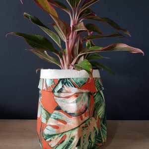 May include: A green and orange fabric planter with a tropical leaf pattern. A houseplant with red stems and green leaves is inside the planter.