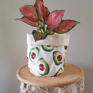 May include: A pink and green houseplant in a white fabric planter with a pattern of green avocados. The planter is sitting on a wooden table with a macrame base.