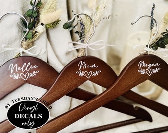 Custom wedding hanger decals, personalised, name stickers, labels . Bridesmaid gift,  Bride wooden hanger decal.