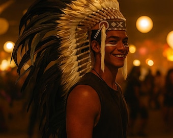 Handmade Rooster Feather Headdress: Brown Fur & Gold Beaded Replica