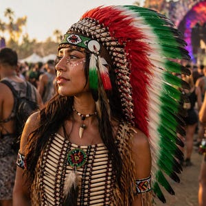 May include: A decorative headdress featuring long red, white, and green feathers with a beaded headband, paired with a tan fringed chest piece adorned with horizontal bone-like tubes, a central beaded medallion, and matching beaded armbands.