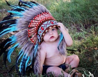 Baby 9 bis 18 Monate 47cm / 18.5inch Indian Headdress Replica gemacht mit Türkis und schwarzen Hahn Federn