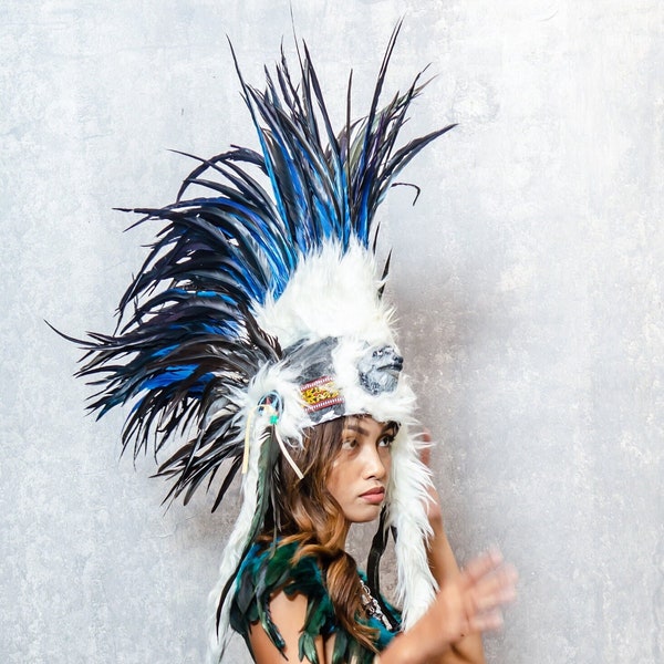 Dunkelblau Native Mohawk, Indianer Kostüm Feder Kopfschmuck, blaue Hahn Federn.Stirnband Hut Feder Kostüm inspiriert Kopfschmuck