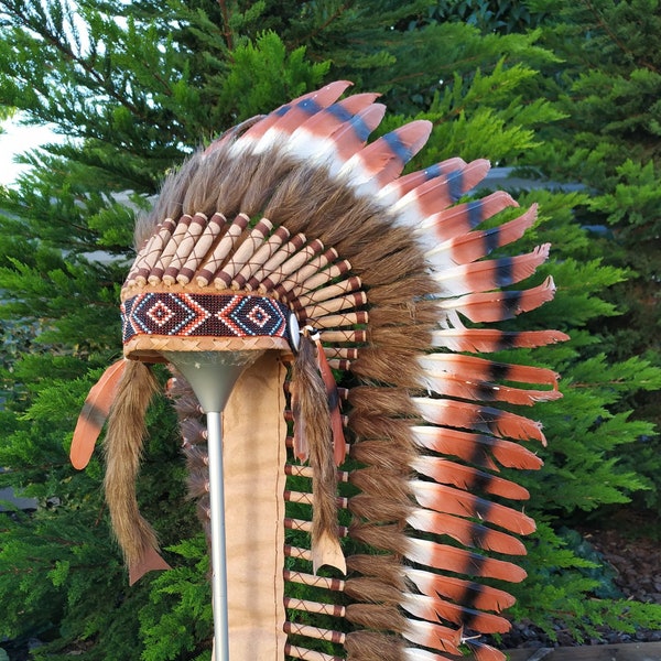 Medium Brown Indian Headdress Replica made with Brown and Black swan feathers and beaded work in the front